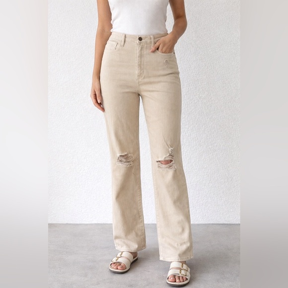 Judy Blue Denim - Judy Blue Beige Distressed High Rise Straight‎ Leg Jeans Womens Size 15 32 Curvy
